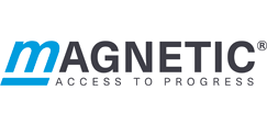 Logo für Magnetic mit blauem „m“ und Unterstrich, mit „MAGNETIC“ in Dunkelgrau und dem Slogan „ACCESS TO PROGRESS“.
