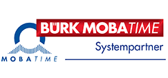 Logo: Blau-rotes Design mit „Bürk Mobatime Systempartner“.