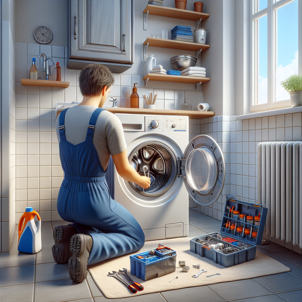 Realistic image of technician repairing washing machine.