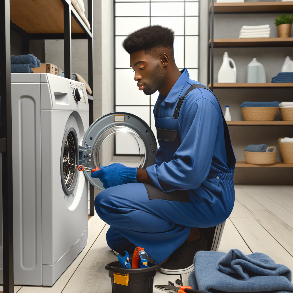 Realistic stock image of technician repairing washing machine.