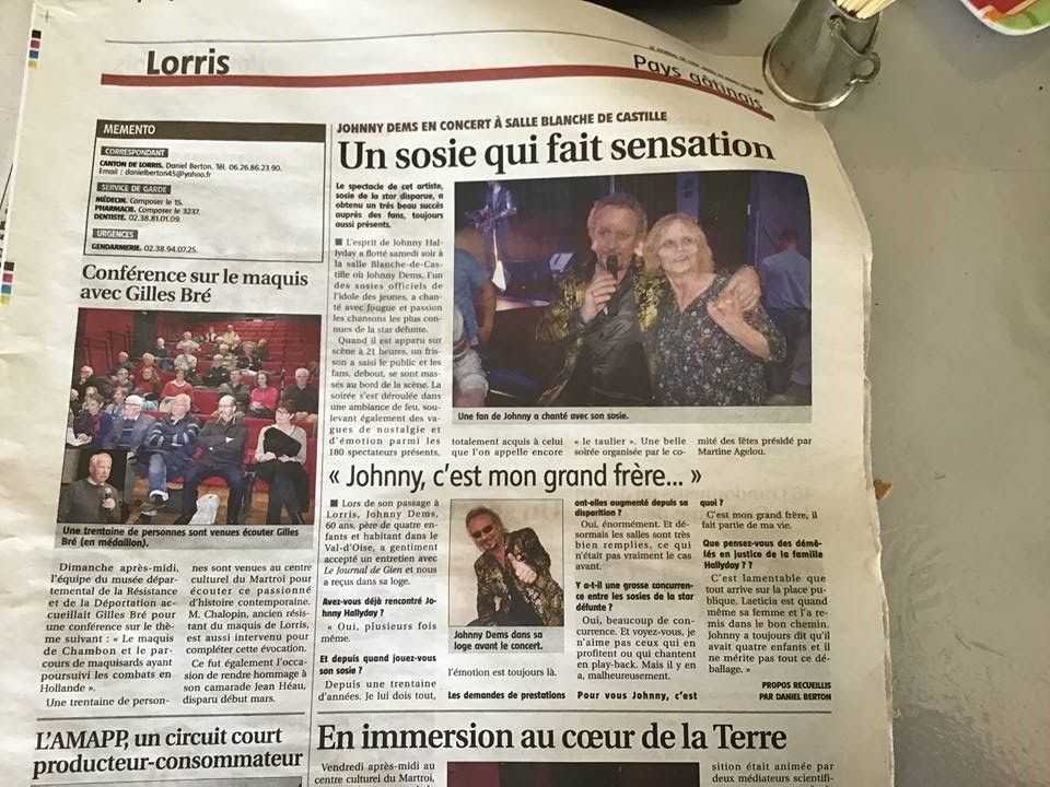 Article de journal titré Un sosie qui fait sensation avec une photo de deux personnes et le mot « Johnny ».