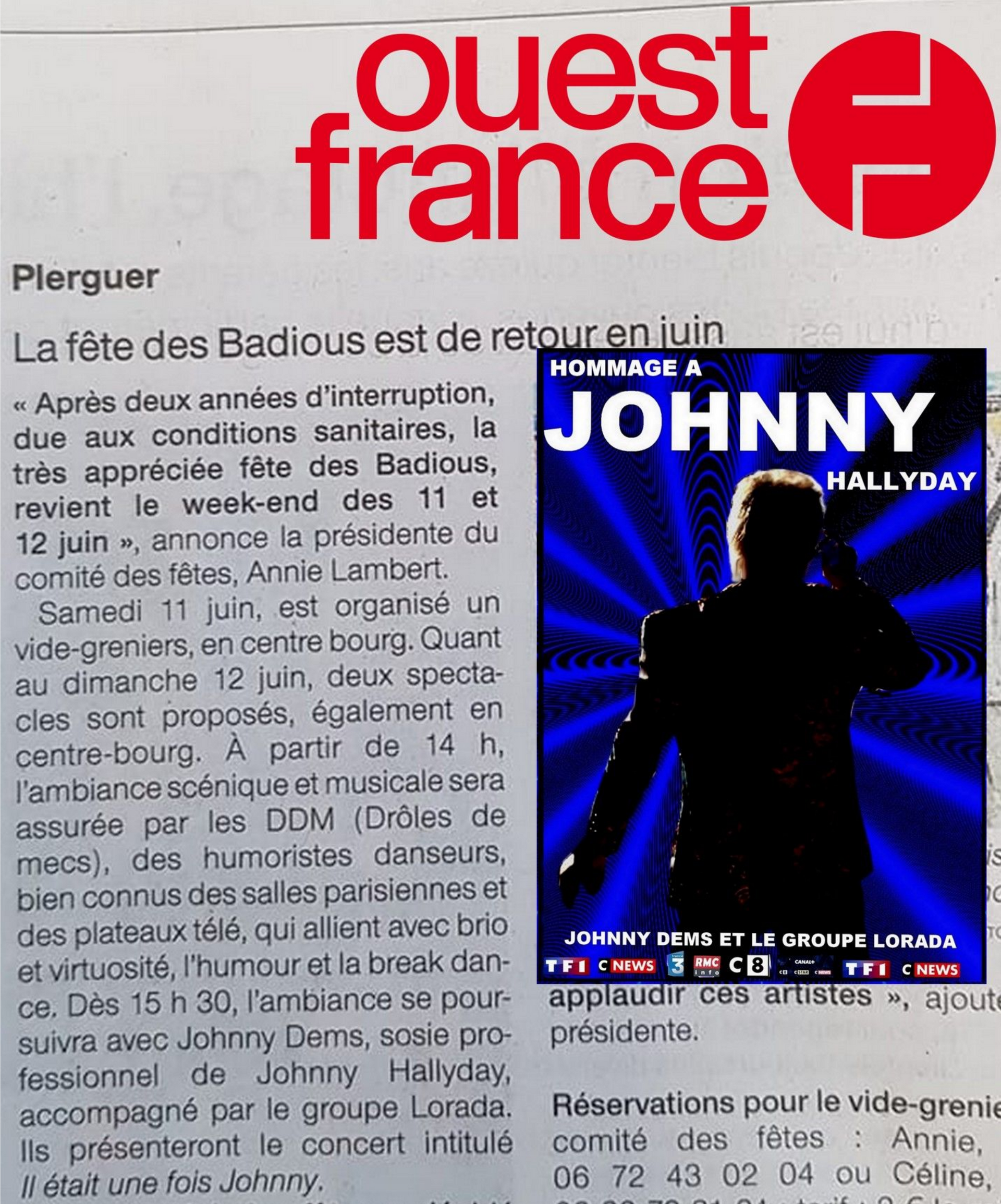 Article du journal Ouest France. À droite, une affiche pour un concert hommage à Johnny Hallyday.