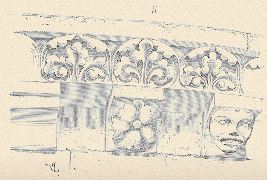 Croquis moulures d'un bâtiment historique avec une fleur et un visage 