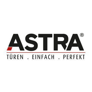 Logo for Astra, a door company. Black text with a red accent, tagline: Türen. Einfach. Perfekt.