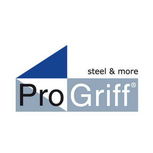 Logo für Pro Griff, bestehend aus einer blau-grauen geometrischen Form und dem Text „steel & more“ und „Pro Griff“.