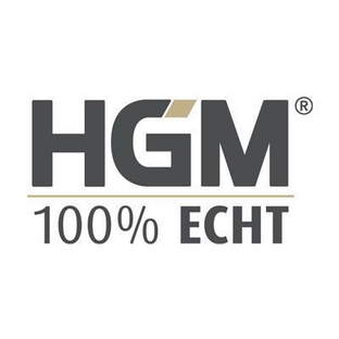 Logo: „HGM“ in Dunkelgrau, darunter „100% ECHT“, mit goldenen Akzenten.