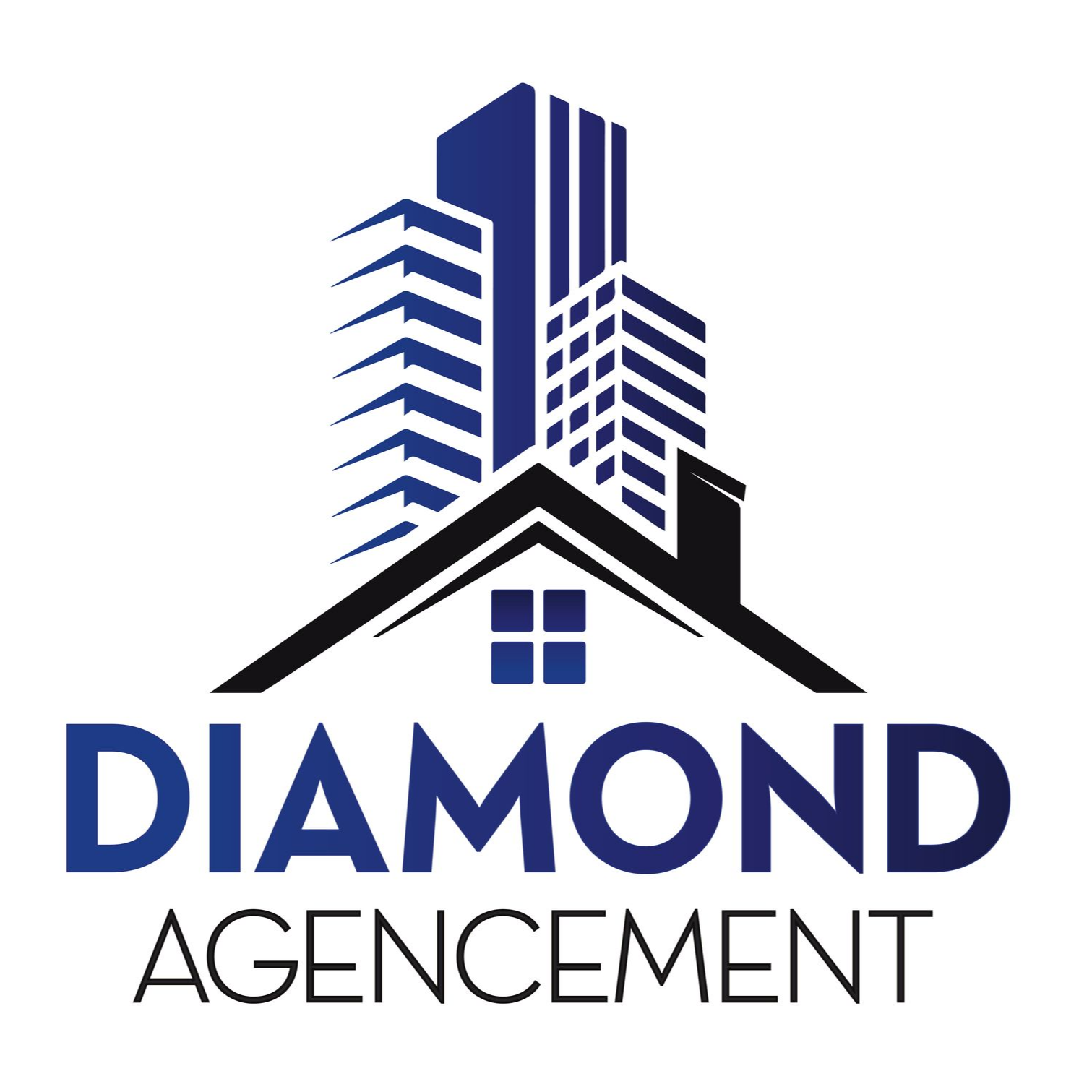 Logo Diamond Agencement : Bâtiments stylisés bleus et noirs surmontés d'une forme de maison, avec texte bleu.