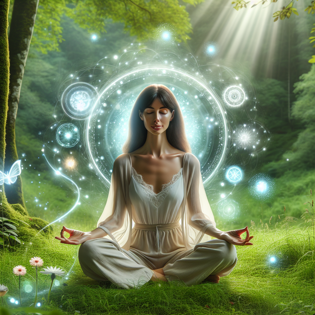 Caucasian woman meditating with spiritual gifts
