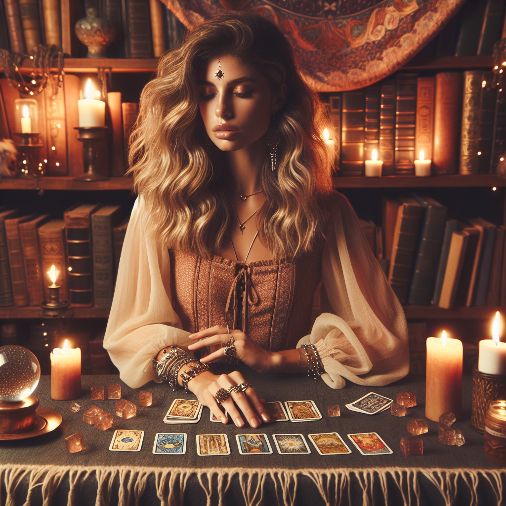 Caucasian woman performing tarot reading session.