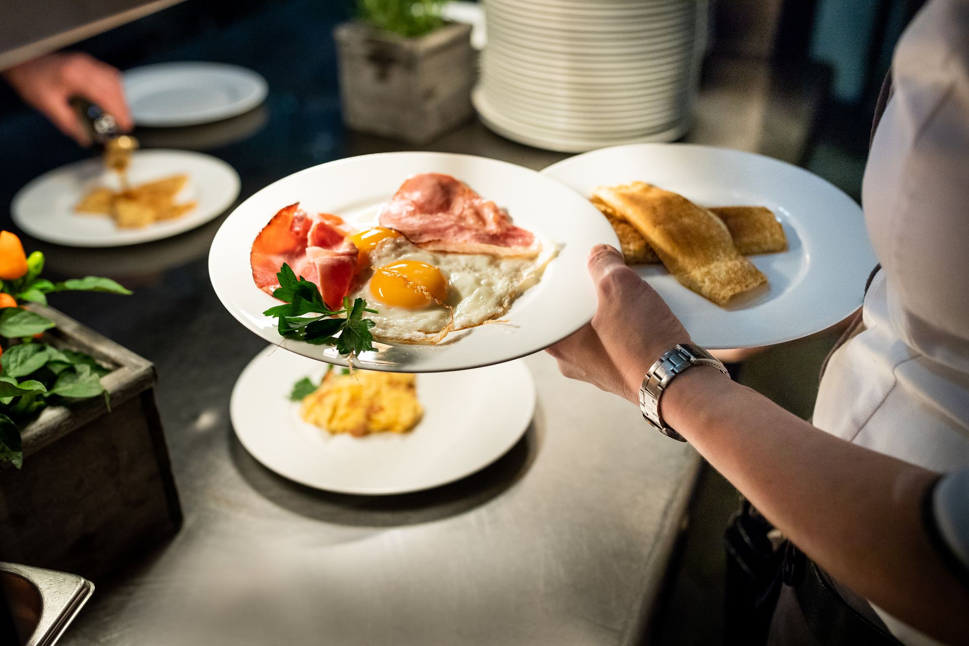 A person is holding two plates of food in their hands.
