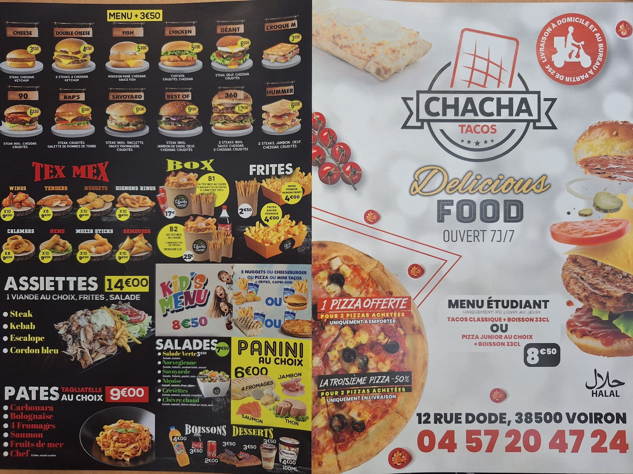 Panneau de menu de restaurant à deux volets avec photos des plats, prix et informations de livraison en noir, rouge et blanc.