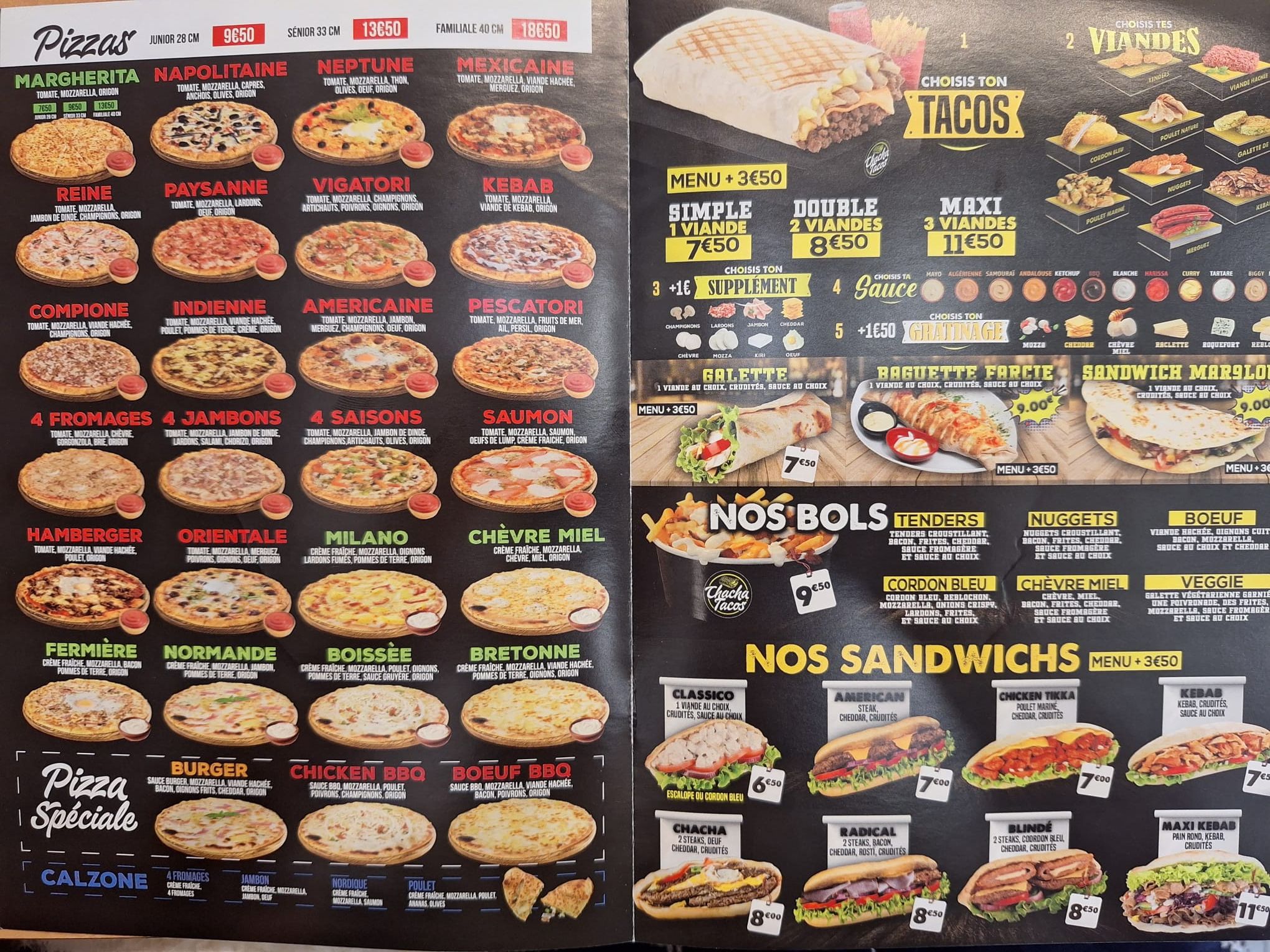 Tableau coloré du menu d'un restaurant mexicain avec tacos, bols et sandwichs sur fond noir