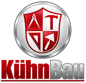 Das KühnBau-Logo mit einem rot-silbernen Schildemblem und fettgedrucktem rot-grauem Text