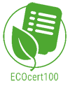 ECOcert100-Logo: Grünes Blatt- und Papiersymbol in einem Kreis, darunter der Text „ECOcert100“.