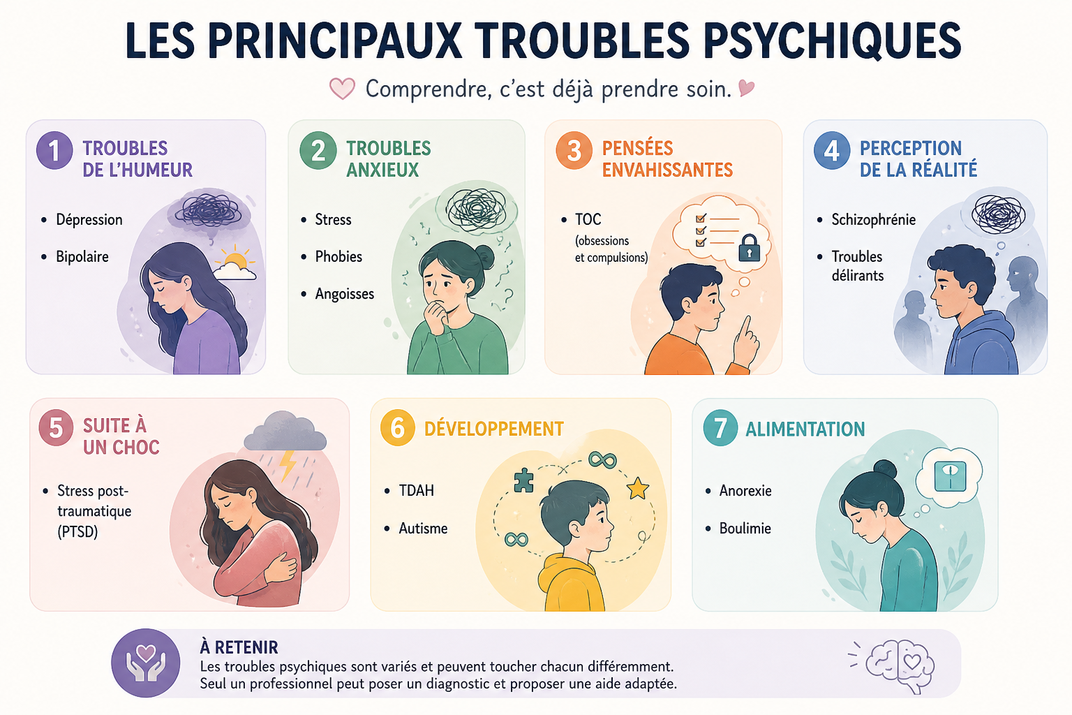 Infographie française sur les principaux troubles psychiques, avec 7 catégories illustrées en pastels.