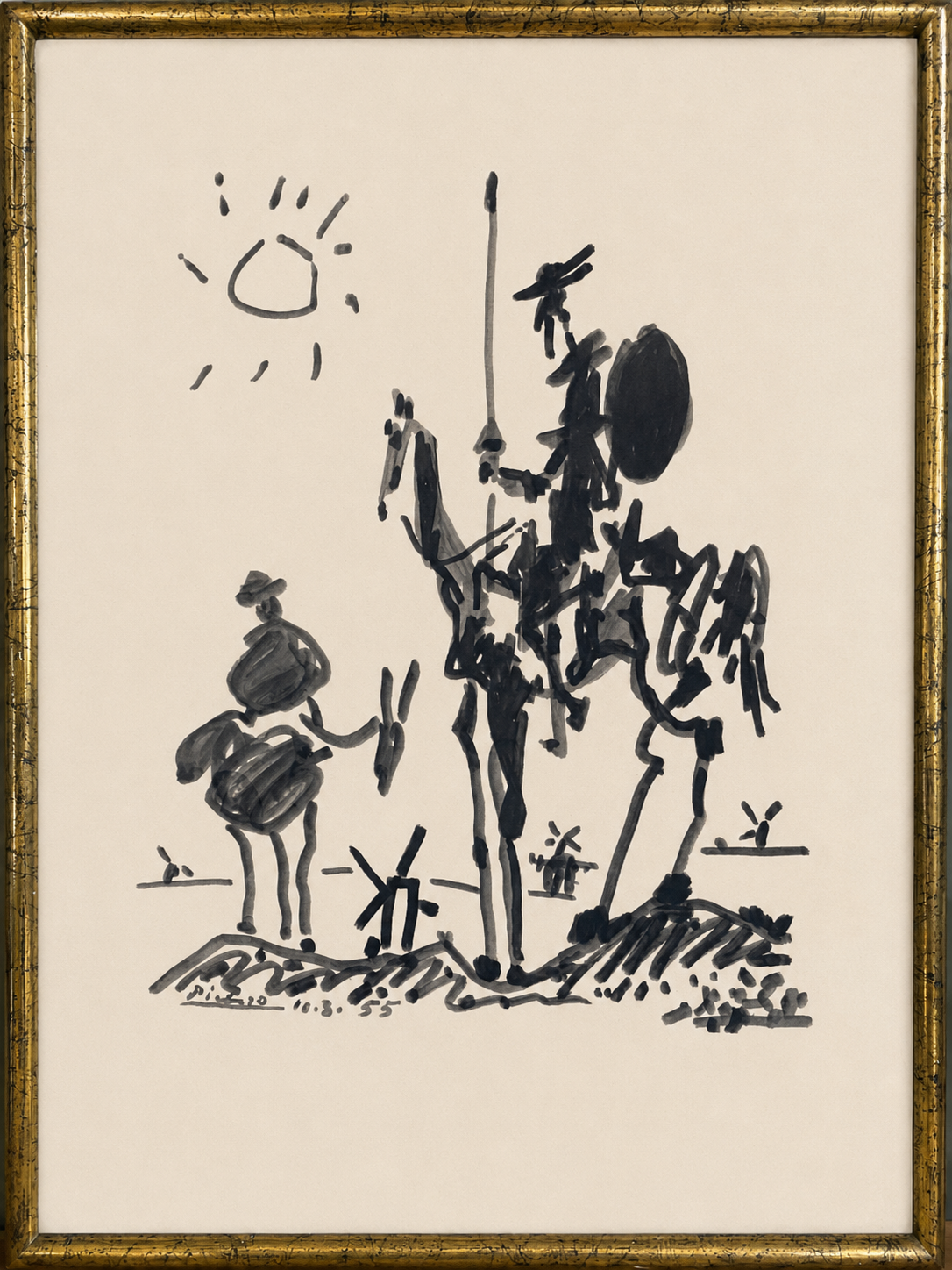 Croquis à l'encre noire représentant deux silhouettes sous un soleil éclatant, l'une à cheval, sur fond blanc.