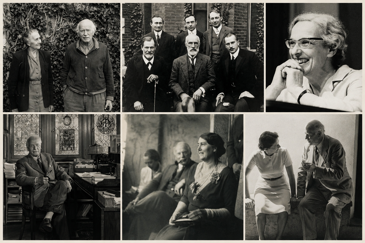 Collage en noir et blanc de six portraits et scènes spontanées de personnes à l'intérieur et à l'extérieur