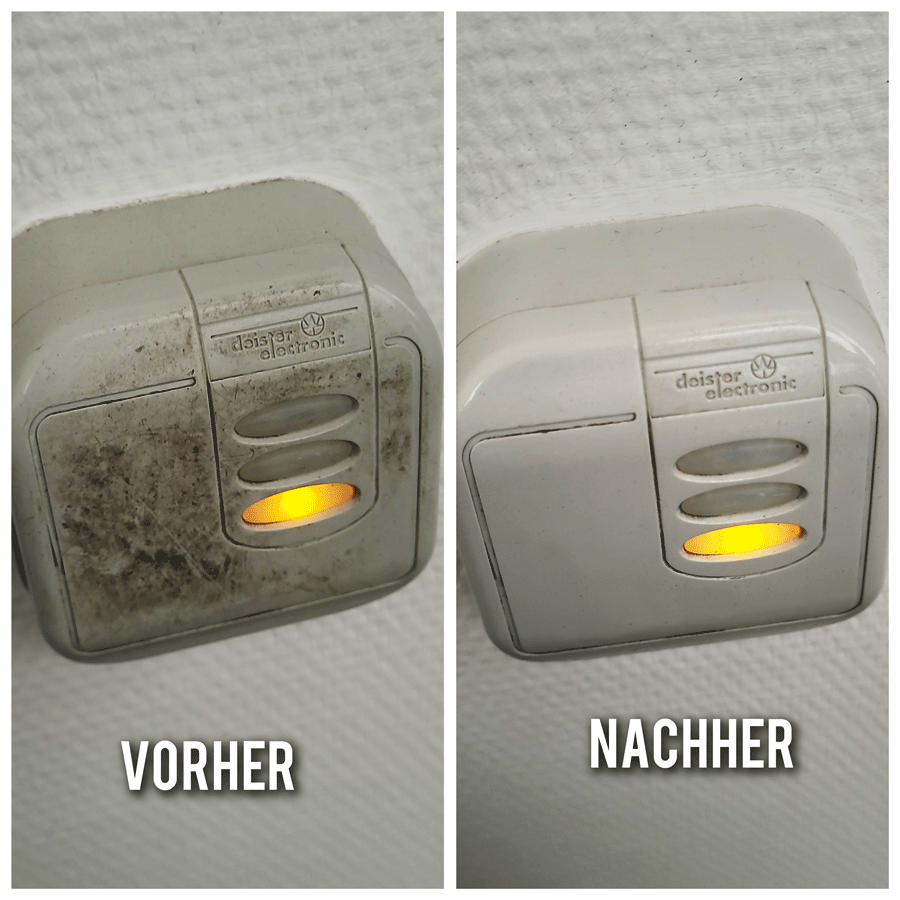 Ein Vorher-Nachher-Bild eines Lichtschalters mit einem gelben Licht darauf.