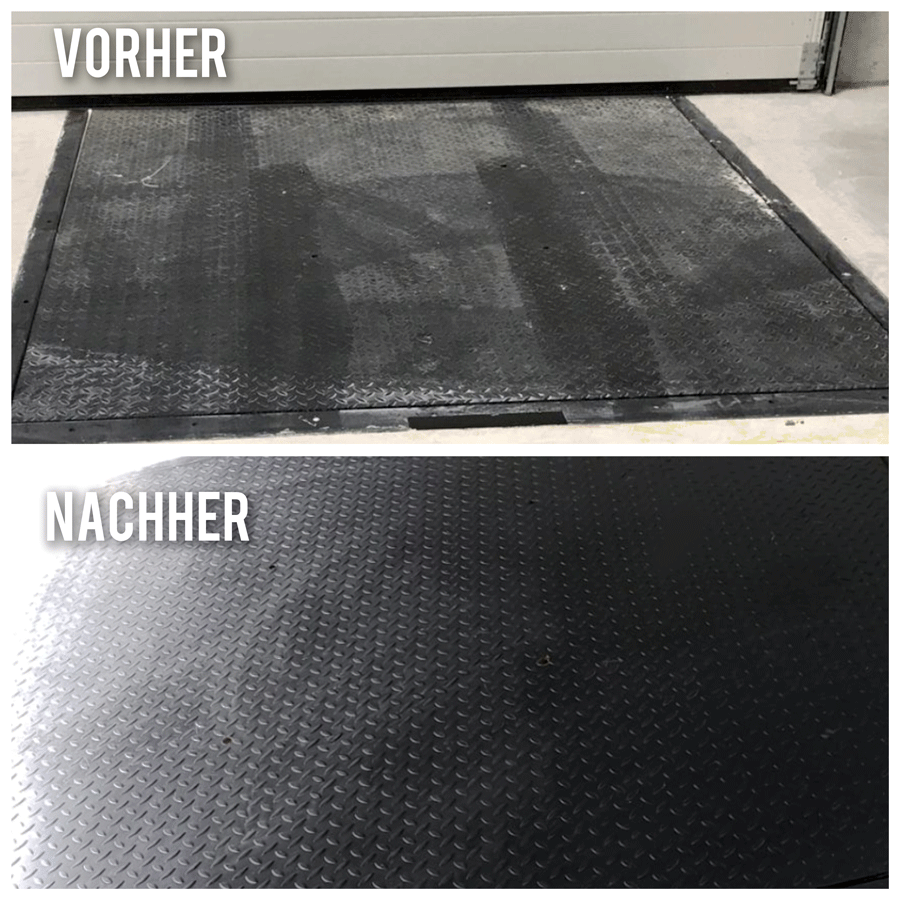 Ein Vorher-Nachher-Foto einer schwarzen Matte