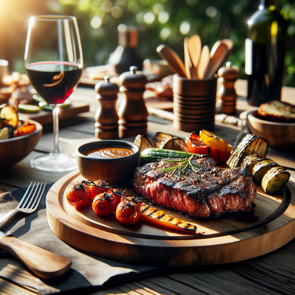 Realistic stock image of grilled meat and wine