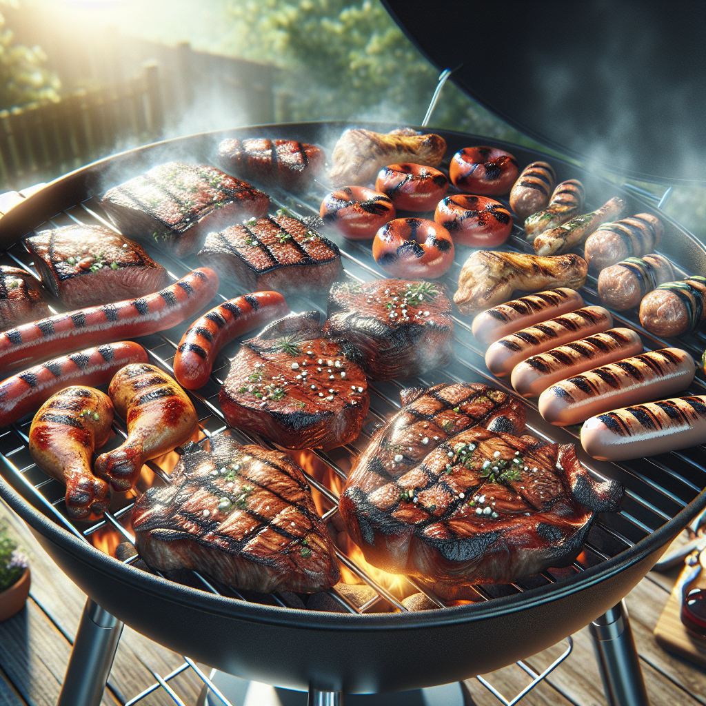 Realistic stock image of grilled meats on barbecue.