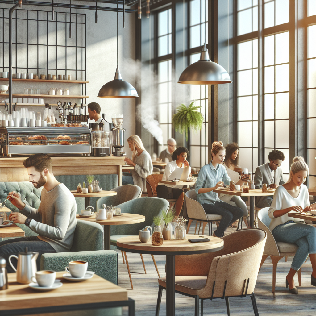 Modern café interior with customers enjoying breakfast