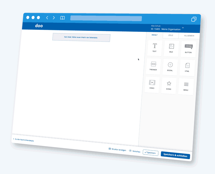 Screenshot der Bearbeitungsoberfläche einer Website mit weißer Leinwand und blauer Kopfzeile, die ein Menü mit Designelementen enthält.
