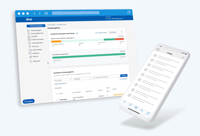 Ein Desktop-Bildschirm und ein Smartphone mit Dashboards. Der Desktop zeigt Datenvisualisierungen, während das Telefon eine Liste mit Benachrichtigungen anzeigt.