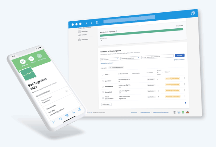 Ein Smartphone- und Computerbildschirm zeigt eine Softwareschnittstelle mit Datentabellen und Benutzerinformationen.