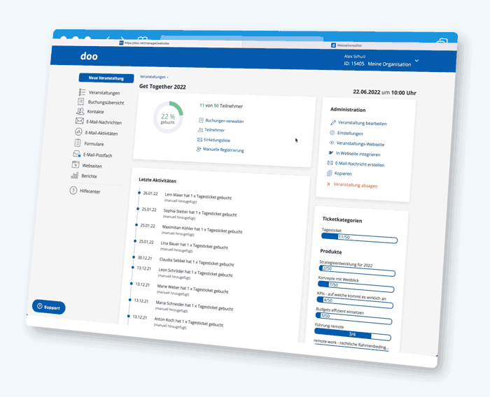 Screenshot einer Benutzeroberfläche mit einem blau-weißen Farbschema, die Datenvisualisierung, Fortschrittsbalken und Listen anzeigt.