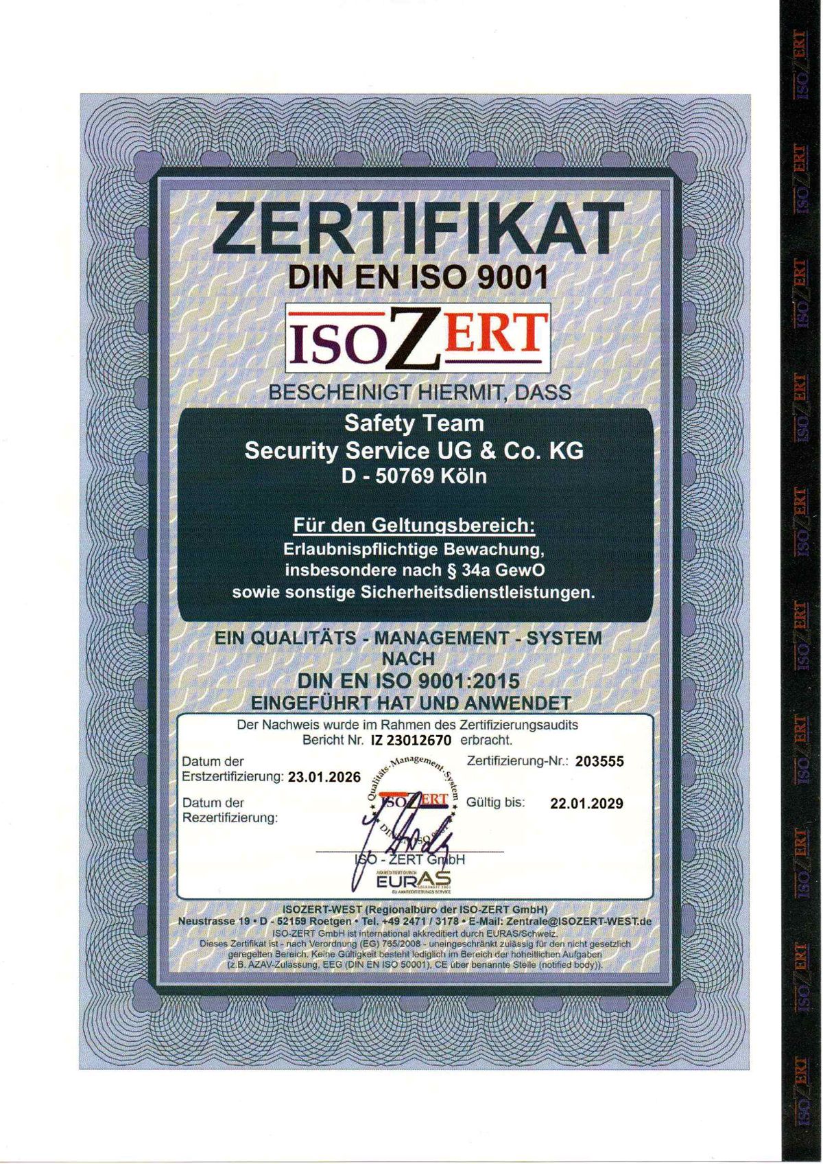 Zertifikat von ISOZERT für Security Service UG & Co. KG, das die DIN EN ISO 9001-Zertifizierung bestätigt.