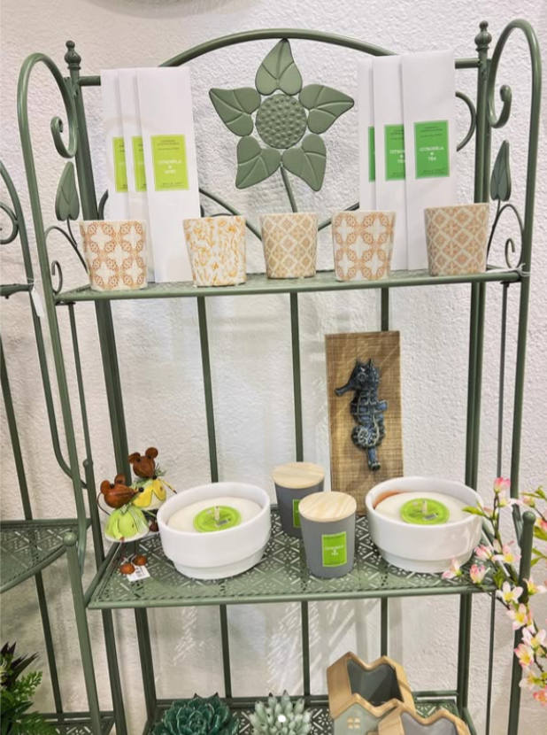 Un estante verde con velas y plantas.