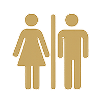 Toilettenschilder: weibliche und männliche Figuren, getrennt durch eine vertikale Linie.