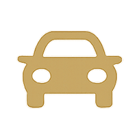 Goldfarbene Silhouette eines nach vorne gerichteten Autos mit zwei runden Scheinwerfern.