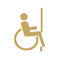 Goldenes Schild „Barrierefreie Toilette“. Rollstuhlfahrer mit Haltegriff.