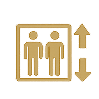 Aufzugssymbol: Zwei Strichmännchen in einem Kasten mit Auf- und Abwärtspfeilen.