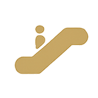 Goldene Rolltreppe mit einer Person darauf.