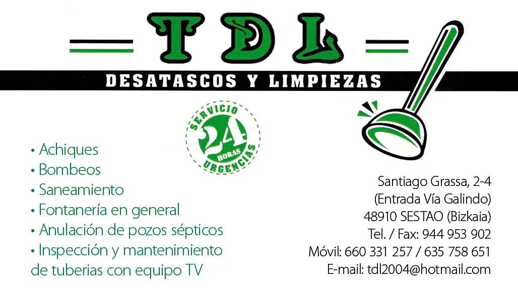 Logotipo de TDI Desatascos y Limpiezas con texto verde, icono de desatascador y detalles de servicio/contacto en español.