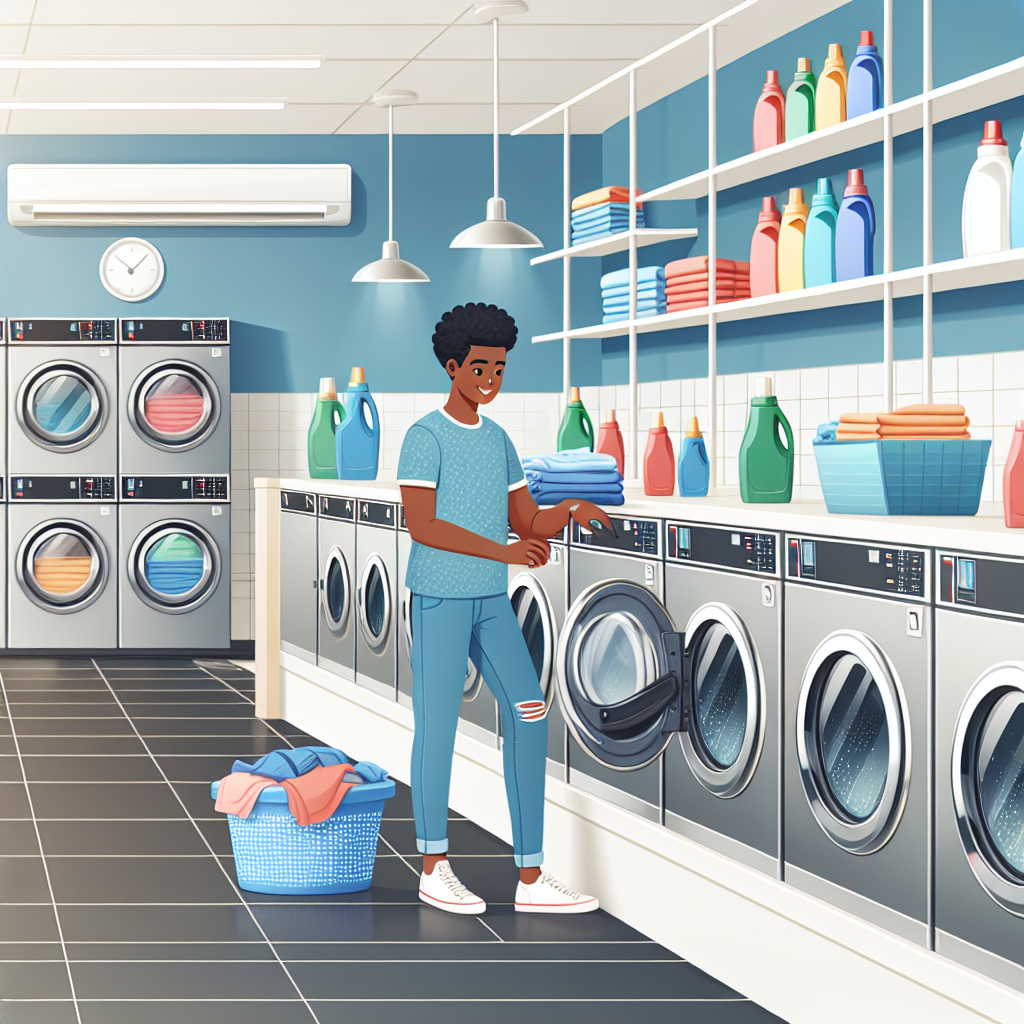 Person washing clothes in modern laundromat