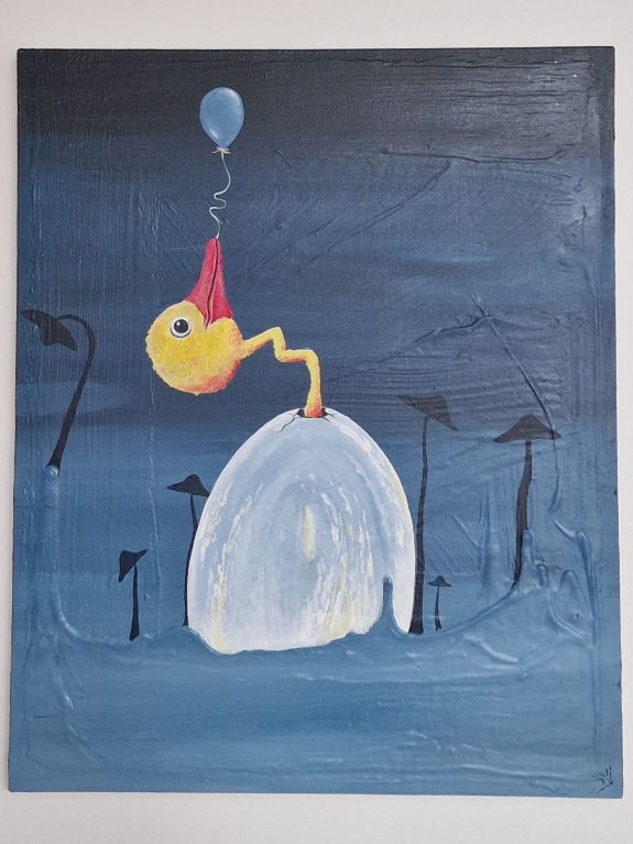 Dessin représentant un oiseau qui sort de sa coquillae avec un ballon dans le bec.