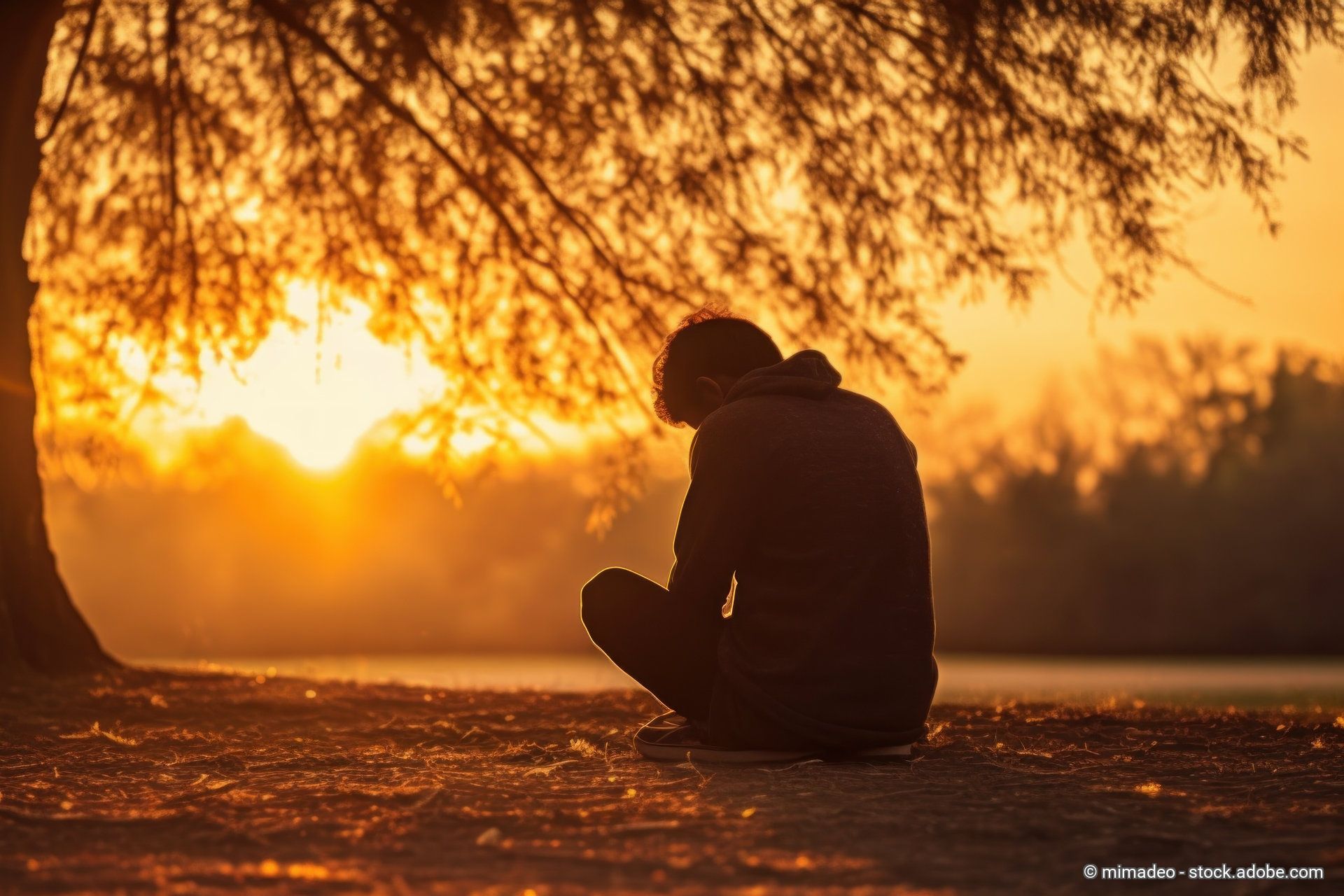 Ein junger Mann sitzt bei Sonnenuntergang niedergeschlagen unter einem Baum.