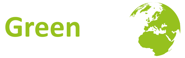 Ein grünes Logo mit einem grünen Globus auf weißem Hintergrund.