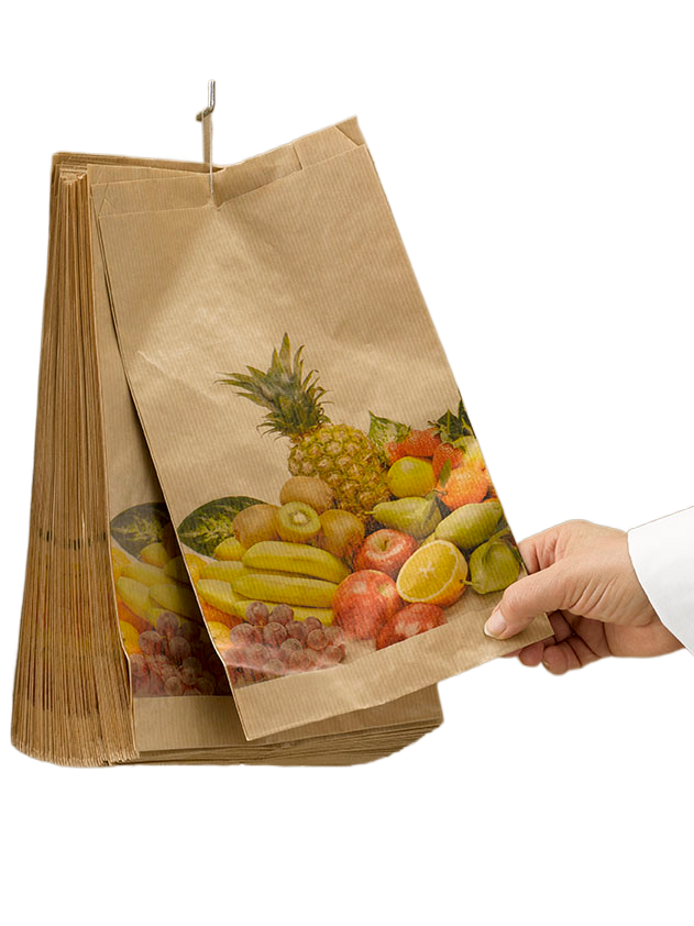 Una persona sostiene una bolsa de papel con una imagen de fruta.