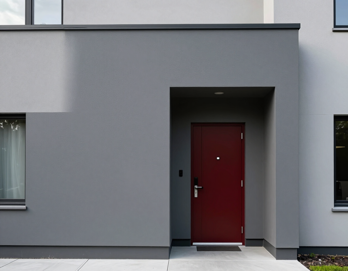 Modern gestrichene Hausfassade in Anthrazit und Hellgrau mit roter Haustür