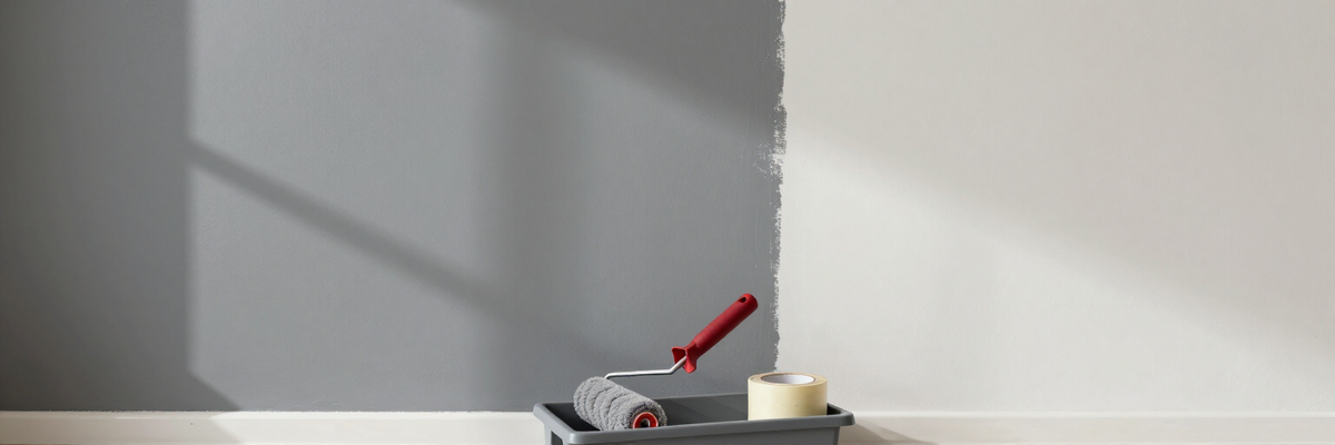 Halb frisch anthrazit gestrichene Wand mit Farbroller auf der Farbwanne und Abdeckband