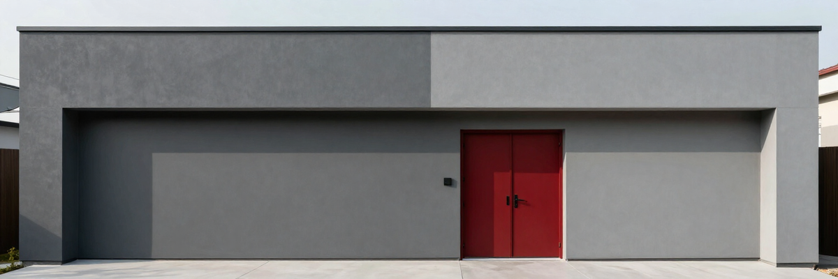 Frisch gestrichene Hausfassade in Anthrazit und Hellgrau mit roter Haustür