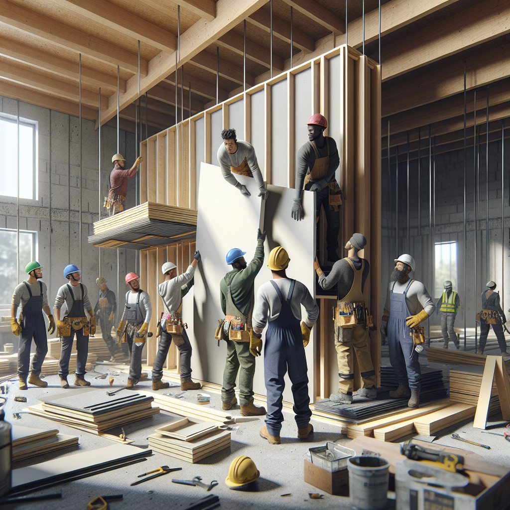 Realistic stock image of workers installing pladur.