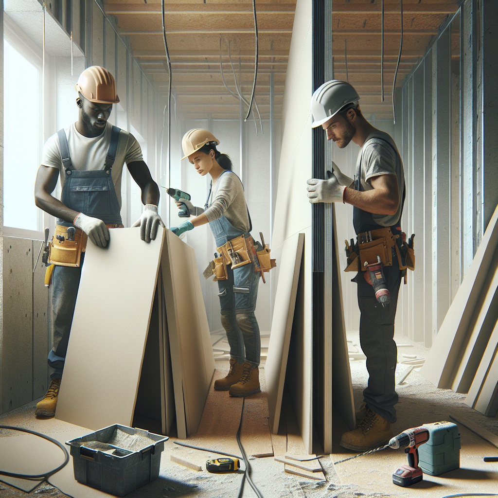 Realistic stock image of workers installing Pladur