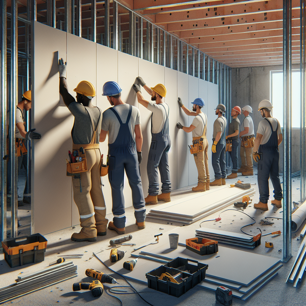 Realistic stock image of workers installing pladur.