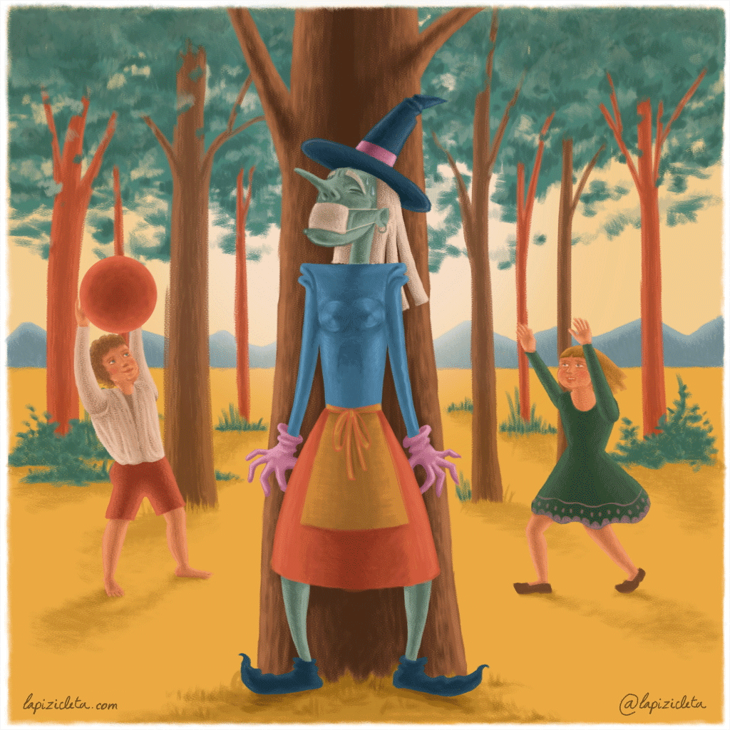 Bruja atada a un árbol, frente a unos niños con una pelota y los brazos en alto en un bosque.